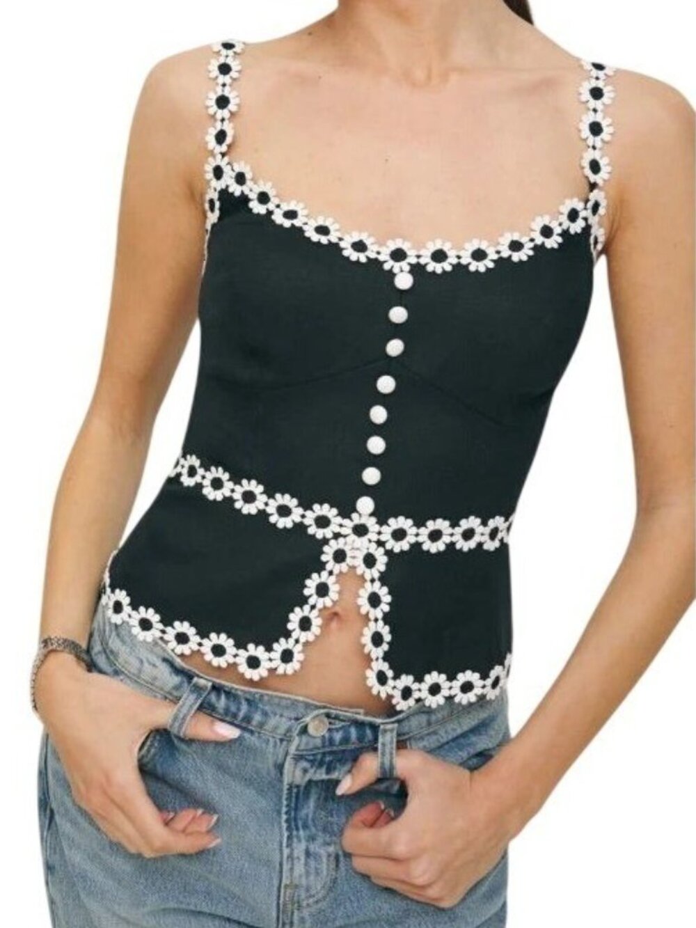 NWT Reformation Minna Linen Top Black Daisy Crochet Trim Corset Tank 4